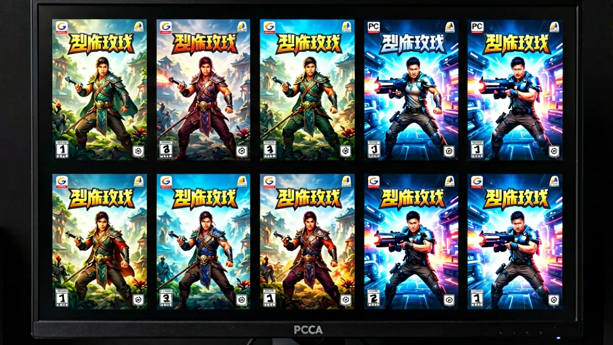多款热门PC单机游戏封面整齐排列在显示器的黑色背景上，画面包含角色扮演与射击两类风格的游戏海报